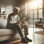 Adulto mayor usando una tablet en su sala de estar, rodeado de luz natural