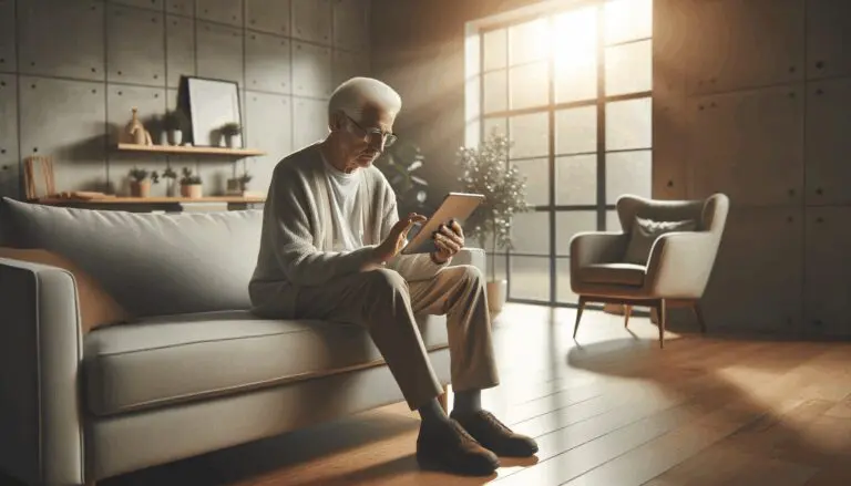 Adulto mayor usando una tablet en su sala de estar, rodeado de luz natural