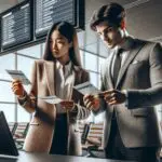 Dos personas revisando boletos de avión frente a una pantalla digital en un aeropuerto moderno.