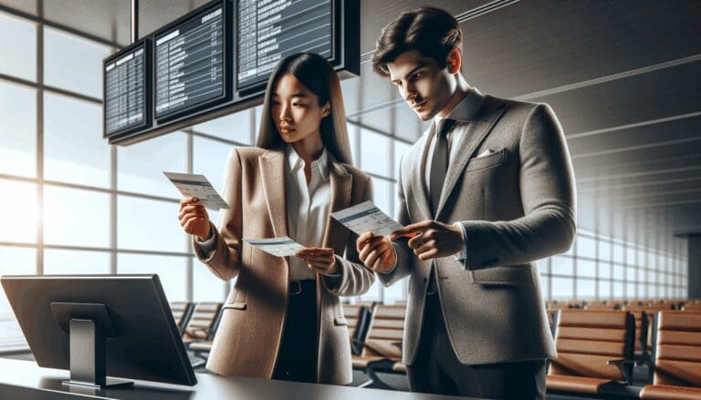 Dos personas revisando boletos de avión frente a una pantalla digital en un aeropuerto moderno.