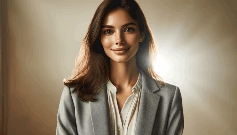 Retrato editorial en estudio luminoso de una mujer líder de startups, ambiente moderno y profesional.