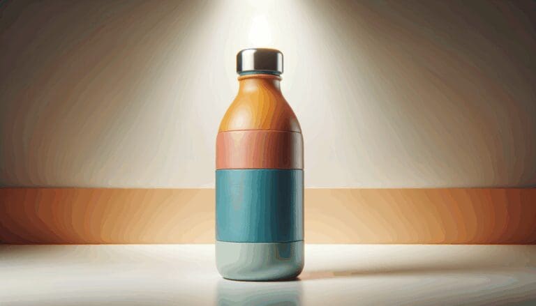 Primer plano de una botella reutilizable con diseño moderno y colores vivos