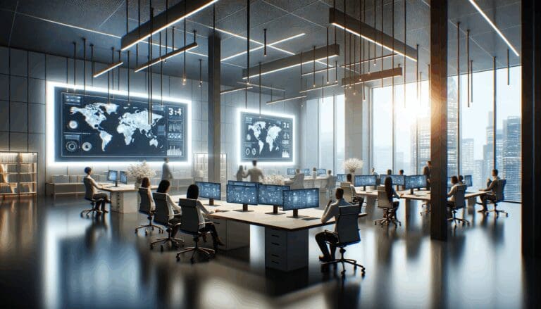 Oficinas de una startup tecnológica con pantallas y ambiente de colaboración.