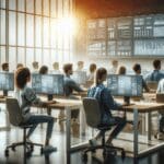 Equipo de jóvenes desarrolladores trabajando en computadoras en un espacio moderno con luz natural y pantallas con gráficos digitales.