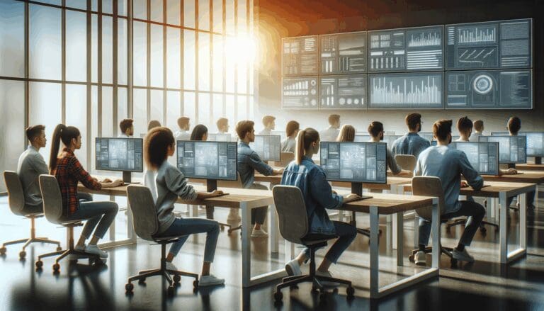 Equipo de jóvenes desarrolladores trabajando en computadoras en un espacio moderno con luz natural y pantallas con gráficos digitales.