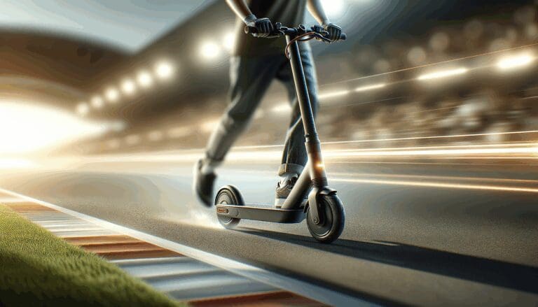 Primer plano de un e-scooter eléctrico moderno en una pista, con fondo desenfocado y luces dinámicas.