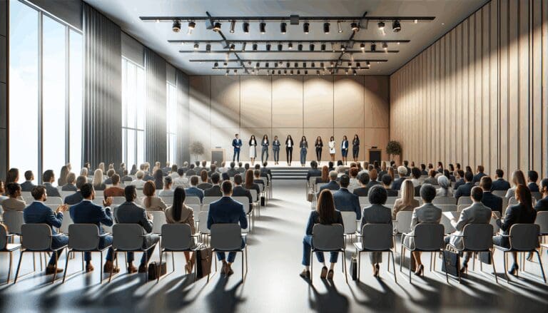Emprendedores presentando ideas frente a un jurado en un auditorio moderno y luminoso.