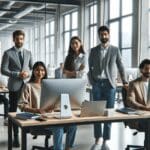Emprendedores colaborando frente a computadores en un espacio de coworking moderno.