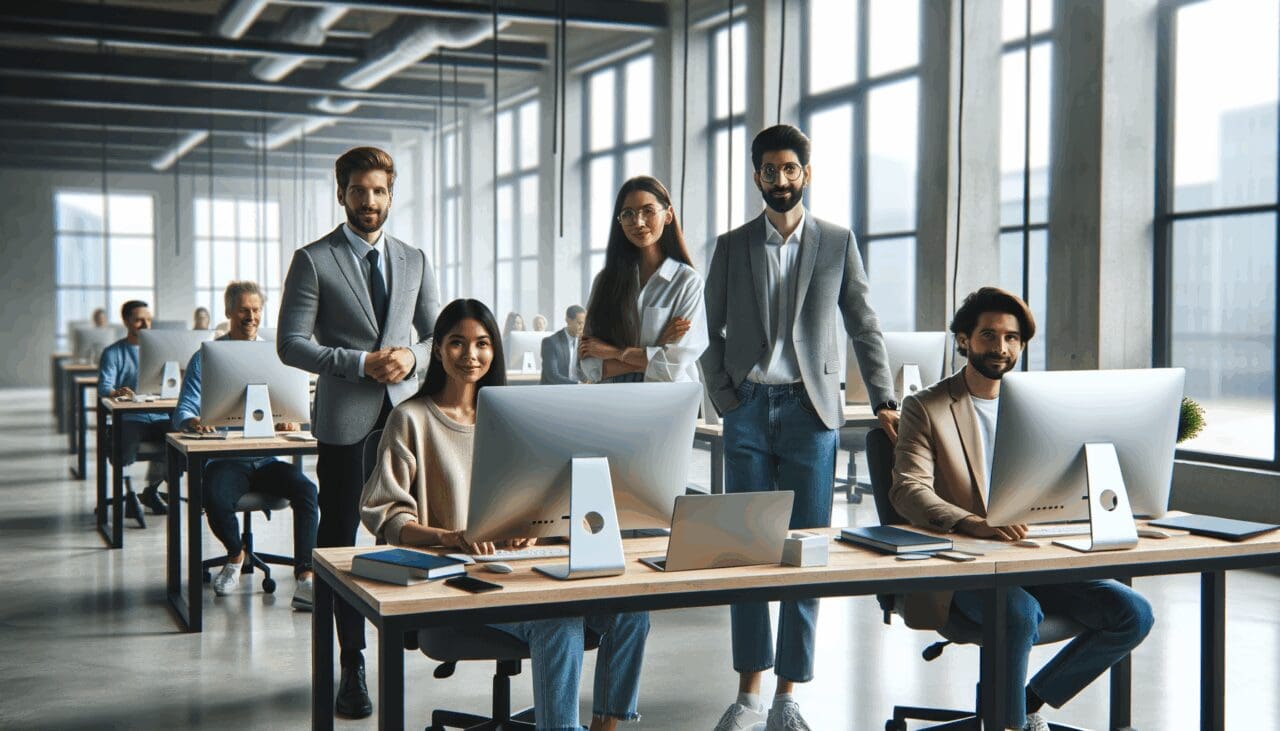 Emprendedores colaborando frente a computadores en un espacio de coworking moderno.