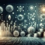 Ilustración de monedas digitales y gráficos financieros junto a símbolos de startups, sobre un fondo oscuro tecnológico.