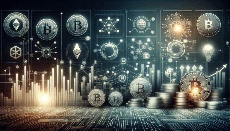 Ilustración de monedas digitales y gráficos financieros junto a símbolos de startups, sobre un fondo oscuro tecnológico.
