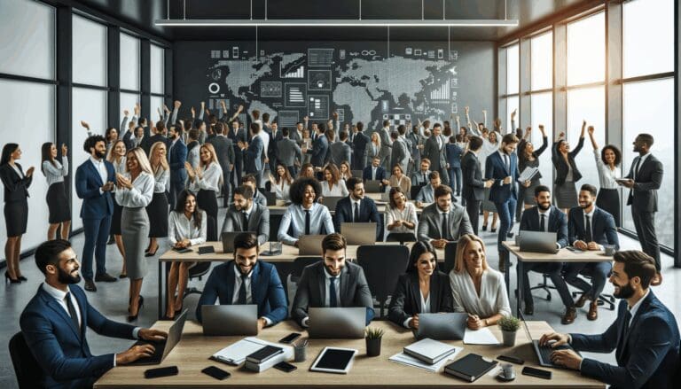 Grupo diverso de jóvenes profesionales colaborando en una oficina tecnológica moderna, con laptops y pizarras digitales.
