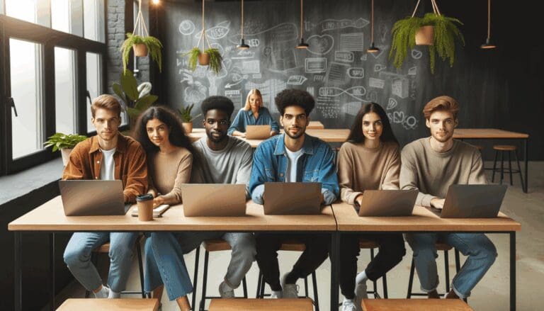 Cinco jóvenes emprendedores trabajando con laptops en un entorno moderno de coworking, rodeados de pizarras y plantas.