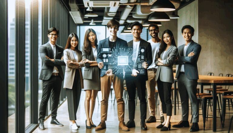 Grupo de jóvenes emprendedores presentando un proyecto tecnológico en un moderno espacio de coworking.