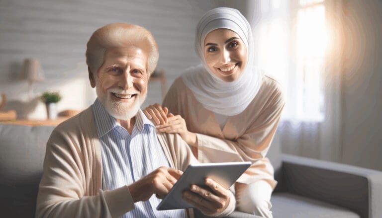 Retrato cálido de una persona mayor usando una tablet junto a una cuidadora sonriente en un entorno hogareño luminoso.