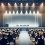 Auditorio moderno durante una conferencia tecnológica, luces tenues y público atento.