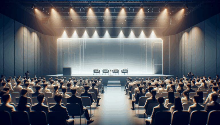 Auditorio moderno durante una conferencia tecnológica, luces tenues y público atento.