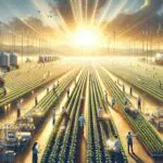 Campos agrícolas con sensores y equipos tecnológicos instalados, personal supervisando cultivos, ambiente soleado.