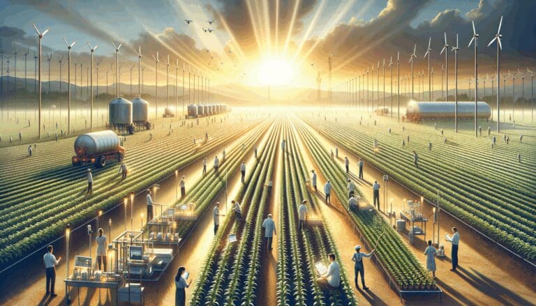 Campos agrícolas con sensores y equipos tecnológicos instalados, personal supervisando cultivos, ambiente soleado.