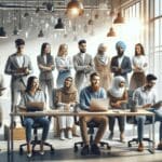 Grupo de jóvenes emprendedores colaborando en un espacio de coworking moderno con tecnología.