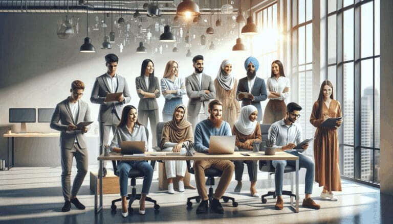 Grupo de jóvenes emprendedores colaborando en un espacio de coworking moderno con tecnología.