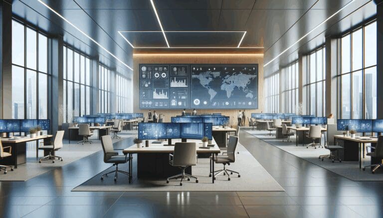 Oficinas modernas con pantallas digitales y ambiente colaborativo.