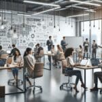 Espacio coworking lleno de emprendedores colaborando con laptops y pizarras, ambiente moderno y tecnológico.