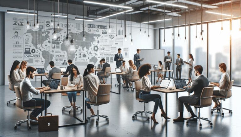 Espacio coworking lleno de emprendedores colaborando con laptops y pizarras, ambiente moderno y tecnológico.