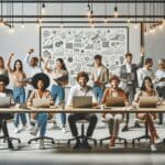 Grupo de emprendedores trabajando en una moderna oficina abierta, computadores portátiles y pizarras llenas de ideas, ambiente colaborativo y tecnológico.