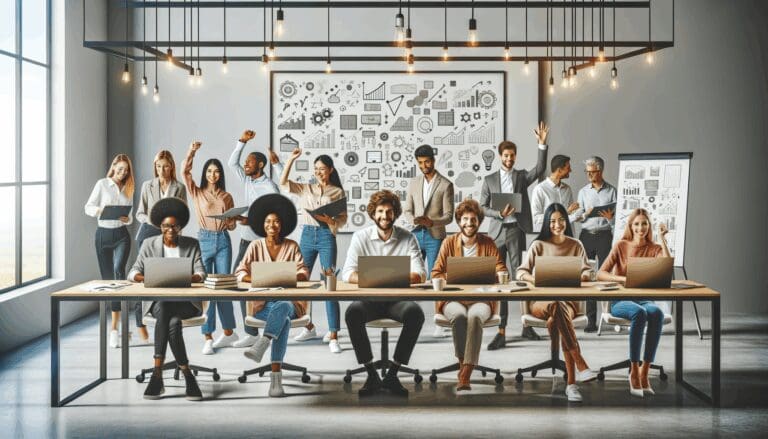 Grupo de emprendedores trabajando en una moderna oficina abierta, computadores portátiles y pizarras llenas de ideas, ambiente colaborativo y tecnológico.