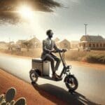 Triciclo eléctrico de diseño moderno circulando en un camino rural africano bajo la luz del sol.