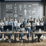 Equipo multicultural de emprendedores reunido en un espacio de coworking moderno, rodeados de computadoras y pizarras con algoritmos de IA.