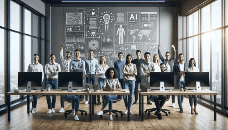 Equipo multicultural de emprendedores reunido en un espacio de coworking moderno, rodeados de computadoras y pizarras con algoritmos de IA.