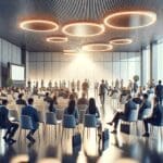 Salón de conferencias moderno con asistentes interactuando en un evento tecnológico.