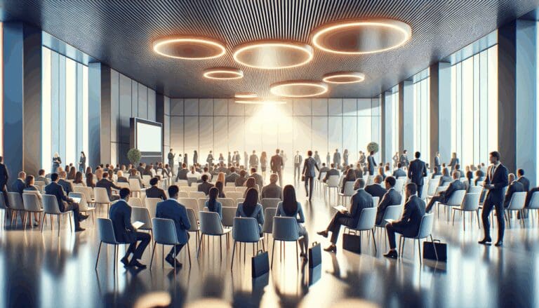 Salón de conferencias moderno con asistentes interactuando en un evento tecnológico.