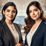 Retrato profesional de dos empresarias mexicanas en un entorno de oficina moderno, con un fondo neutro y tecnológico.