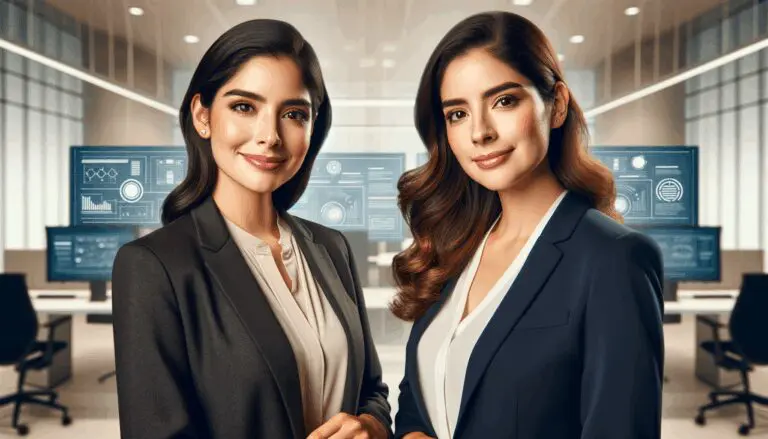 Retrato profesional de dos empresarias mexicanas en un entorno de oficina moderno, con un fondo neutro y tecnológico.
