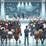 Fotografía de un evento corporativo con un público diverso y pantallas tecnológicas en el fondo.