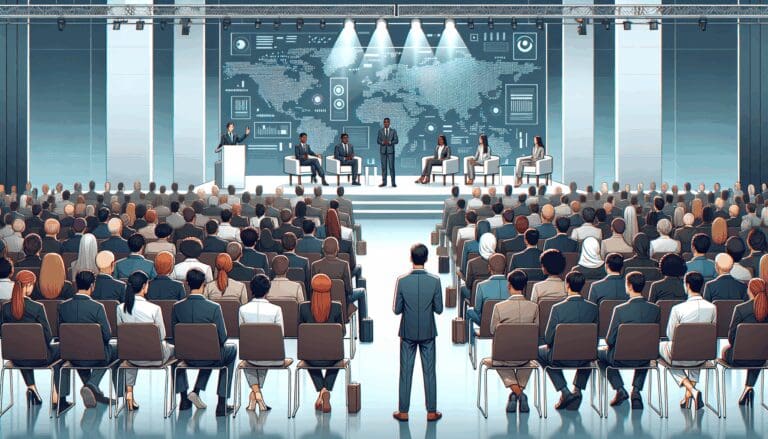 Fotografía de un evento corporativo con un público diverso y pantallas tecnológicas en el fondo.