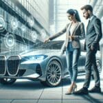 Dos personas analizan un auto en un entorno urbano moderno, ilustrando colaboración tecnológica.