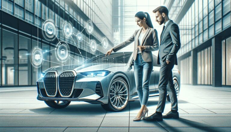 Dos personas analizan un auto en un entorno urbano moderno, ilustrando colaboración tecnológica.