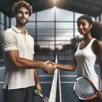 Primer plano de jugadores de pádel saludándose en una pista moderna, fondo desenfocado con ambiente deportivo y tecnológico.