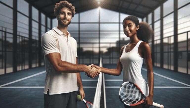 Primer plano de jugadores de pádel saludándose en una pista moderna, fondo desenfocado con ambiente deportivo y tecnológico.