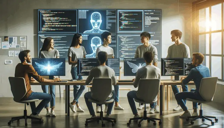 Plano medio de jóvenes desarrolladores colaborando frente a pantallas con código y gráficos de inteligencia artificial en una oficina moderna y luminosa.