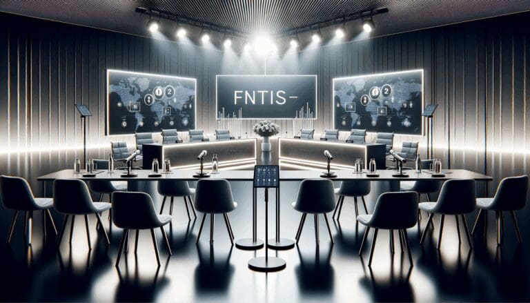 Panel de discusión en un evento fintech con micrófonos y pantallas digitales.