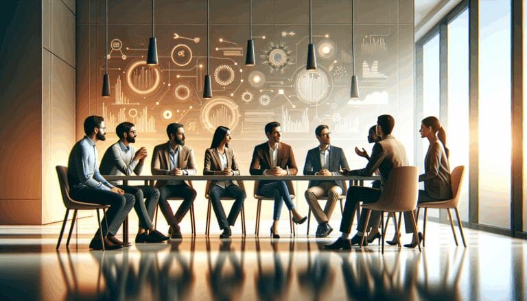 Cálida charla en una oficina moderna con emprendedores y expertos en tecnología.