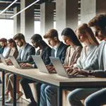 Grupo de jóvenes profesionales usando computadoras portátiles en una oficina moderna y luminosa, ambiente colaborativo.