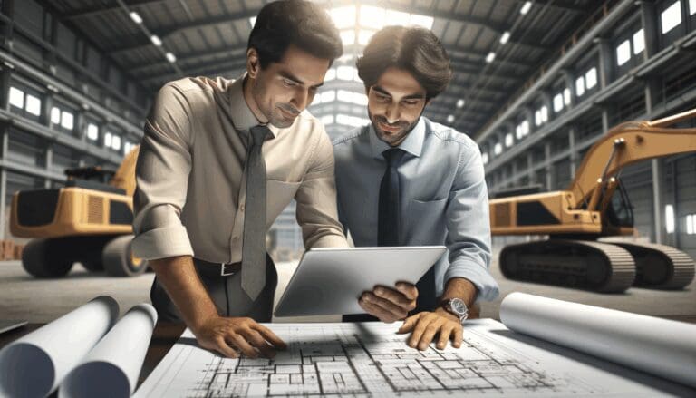 Dos ingenieros revisando planos digitales en una obra moderna, tecnología y maquinaria al fondo.