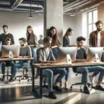 Equipo de jóvenes emprendedores trabajando con computadoras en un espacio de coworking moderno, ambiente tecnológico.