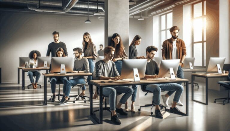 Equipo de jóvenes emprendedores trabajando con computadoras en un espacio de coworking moderno, ambiente tecnológico.
